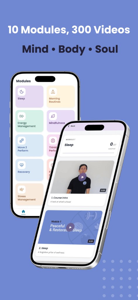 Daily Diesel app showing 10 wellness modules with video lessons