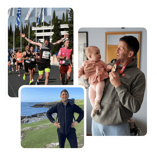 Photos of Declan running, with family, and on the coast