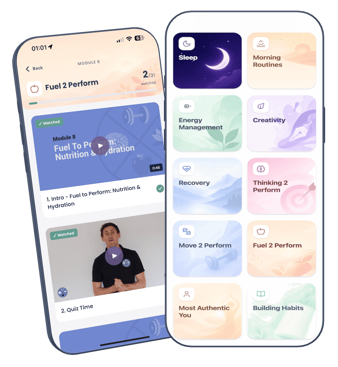 Peak Performance Code app on iPhone showing wellness modules and Fuel 2 Perform lessons